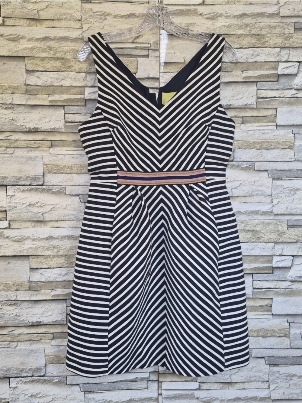 Maeve Chevron Stripe Fit Flare Pockets Dress Sz 12 Navy White Nautical Preppy